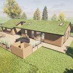 Modern villa with green roof, terrace, and garden. Parking and seating areas.