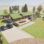 Modern villa with green roof, terrace, and parking in a green setting.