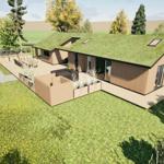 Modern villa with grass roof, terrace, and garden. A car is parked in front of the house.