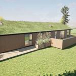 Modern villa with grass roof, large garden and wooden terrace. Attached building with grass roof.