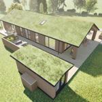 Modern house with green roofs, terrace, and parking in the green.