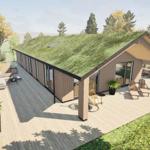 Modern villa with grass roof, terrace, and garden. Outdoor seating and plants are visible.