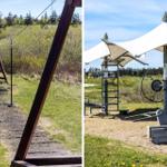 Two photos of outdoor fitness equipment with green areas and forest in the background.