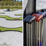 Mini-golf course with green paths and gravel. Clubs and balls ready for play.