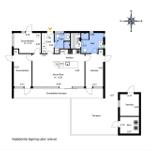 Functional floor plan with kitchen, bedrooms, bathroom, and sauna. Covered terrace included.