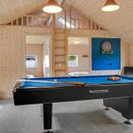 Room with pool table, dartboard, and wooden paneling. Loft with ladder.