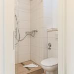 Dusche mit Duschbrause und Toilette in weißer Fliesenwand