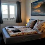 Schlafzimmer mit Bett, Fenster, Fernseher und Wandbild.