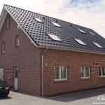 Two-story brick house with skylights and paved yard.