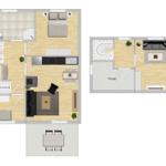 Two levels with bedrooms, kitchen, and living area. Private area on the upper level.