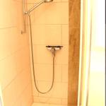 Dusche mit Duschbrause und Handbrause, Wandfliesen und Bodenfliesen.