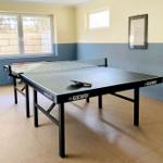 Tischtennis-Tisch mit Netz und Schläger in einem Raum mit Fenstern und Wandbild.