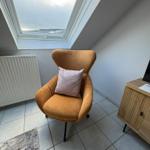 Orange Sessel mit Kissen unter Dachfenster mit Blick auf Landschaft.