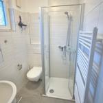 Badezimmer mit Dusche, Toilette und Waschbecken. Fenster mit Mosaikglas.