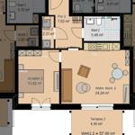 Wohnung mit zwei Schlafzimmern, Küche, Bad und Terrasse. Flur und weitere Räume.