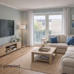 Wohnzimmer mit Sofa, Couchtisch und Fernseher. Fenster mit Blick auf Balkon.