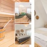 Sauna mit Eimer, Wohnbereich mit Sofa, Schlafzimmer mit Bett und Dachschräge.