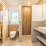 Bad mit Dusche, WC und Waschbecken. Holzwand und Fenster sichtbar.