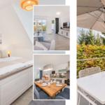 Schlafzimmer, Wohn- und Essbereich, Küche und Terrasse mit Tisch, Stühlen und Sonnenschirm.