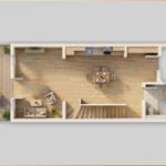 Das Haus hat eine Küche, Essbereich, Wohnzimmer, Bad und eine Terrasse mit Sonnenschirm.