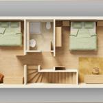 Zwei Schlafzimmer mit grünen Bettwäschen, Badezimmer und Treppe zur Unterkunft.