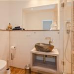 Badezimmer mit Steinwaschbecken, Dusche und Toilette. Spiegel und dekorative Gegenstände.