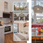 Küche mit Edelstahlgeräten, Balkon mit Tisch, Schlafzimmer mit Bett und Wohnzimmer mit Esstisch.