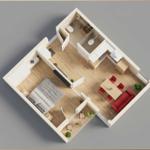 Ein Raum mit Schlafzimmer, Wohnbereich, Küche und Bad. Rote Sitzgelegenheiten und Holzboden.
