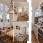 Essbereich mit großem Fenster, Wohnzimmer mit Sofa, Schlafzimmer mit Bett und Küche mit Arbeitsplatte.
