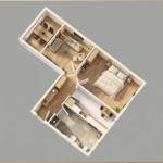 Dieses Apartment hat eine Küche, ein Schlafzimmer, ein Wohnzimmer und ein Bad.
