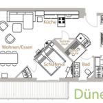 Wohnung mit drei Schlafzimmern, Küche, Sauna und Balkon.