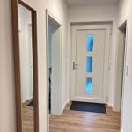 Hallway with wooden floor, mirror, and entrance door with blue glass panels.