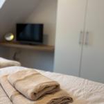 Room with bed, towels, and wardrobe. TV on wooden shelf. Sloped ceiling wall.