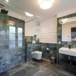 Bad mit Dusche, Waschbecken und Toilette. Wandfliesen in Blau- und Grüntönen.