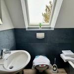 Badezimmer mit Duschbad, Waschbecken und Fenster mit Pflanze.