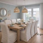 Esszimmer mit Holztisch, weißen Stühlen und Blick auf Balkon.