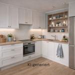 Küche mit weißen Schränken, Edelstahl-Kühlschrank und Holzoberflächen.