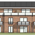 Zweistöckiges Gebäude mit Balkonen und Fenstern. Dach mit Solaranlage.