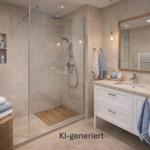 Badezimmer mit Dusche, Waschbecken und Spiegel. Holzmatte und Handtücher.