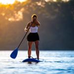 Eine Person steht auf einem Stand-Up-Paddleboard auf dem Wasser und rudert mit einem blauen Ruder.