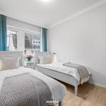 Zwei Einzelbetten mit weißen Bettwäschen und grauen Decken. Fenster mit blauen Vorhängen.