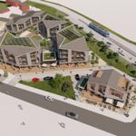 Moderne Gebäude mit grünen Dächern und Solaranlagen in städtischer Umgebung mit Straßen und Bahn.