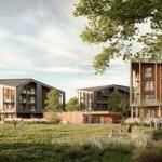 Moderne Wohnhäuser mit Balkonen und Grünanlagen. Menschen genießen den Außenbereich.