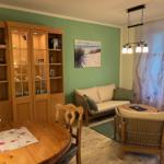 Esszimmer mit Wohnbereich, Holzmöbel und grüner Wand.