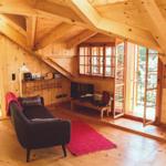 Wohnbereich mit Sofa, TV und Balkontür. Holzdecke und -wände. Schlafzimmer im Hintergrund.