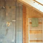 Dusche mit Glaswand, Holzwand und Handtuchhalter