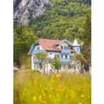 Haus mit rotem Dach und blauen Balkonen in grüner Landschaft