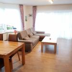 Living and dining area with sofa, table, and windows.