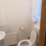 Bathroom with toilet, sink, and radiator on the wall.