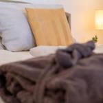 Ein Bett mit Kissen und einer Decke. Eine Lampe und eine kleine Pflanze sind sichtbar.